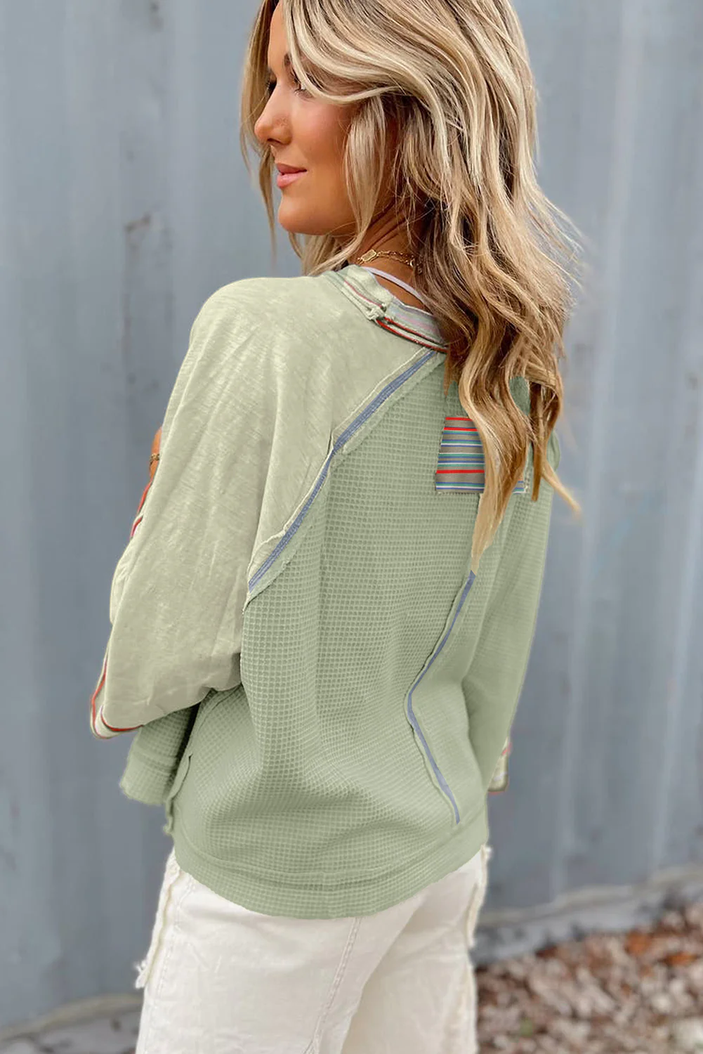 Meadow Mist Waffle Knit Wide Bracelet Sleeve Patchwork Raglan Top