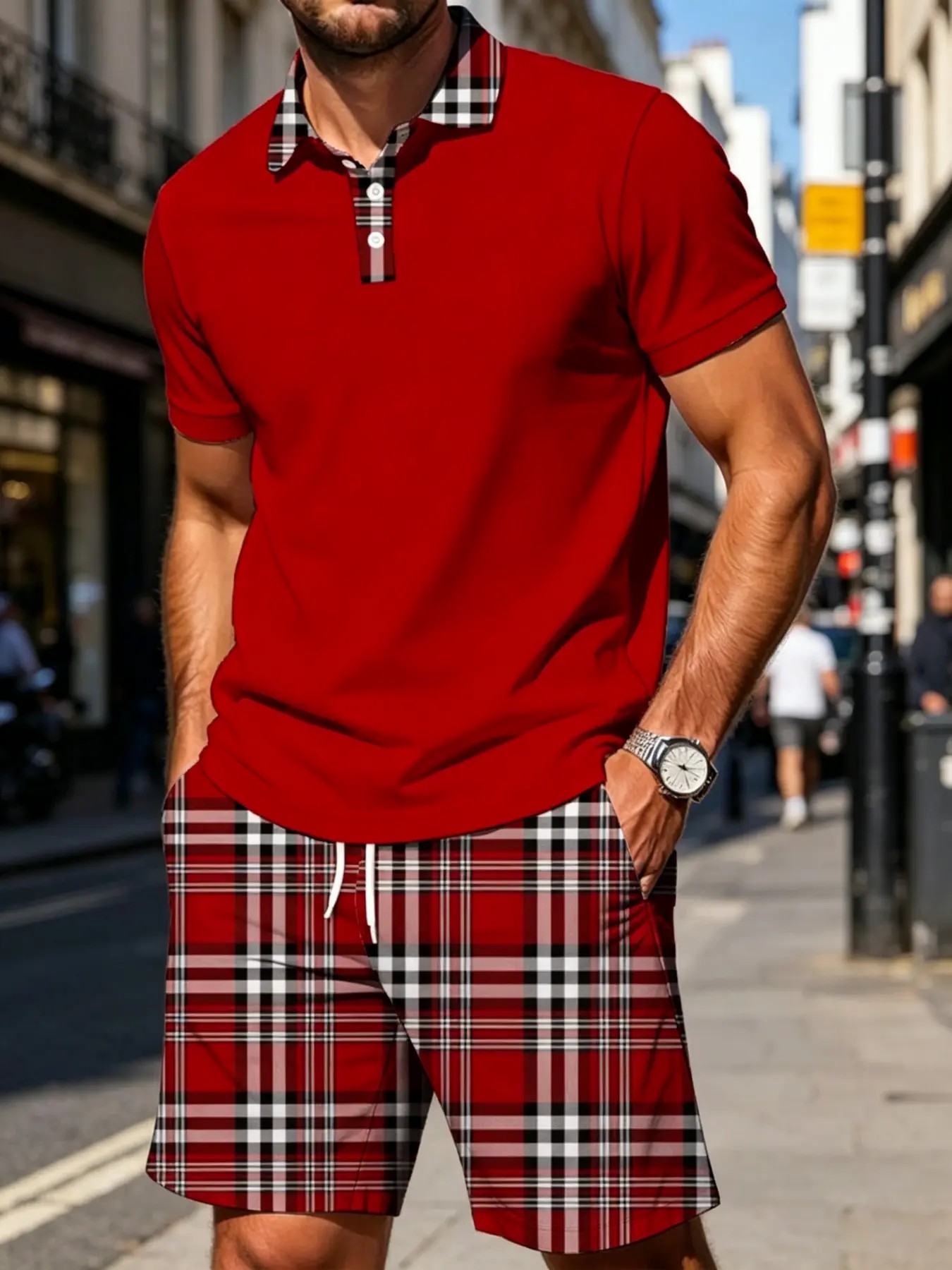 Men's Plaid Patchwork 2-Piece Summer Set – Polo Shirt & Matching Shorts, Casual Drawstring Waist with Pockets