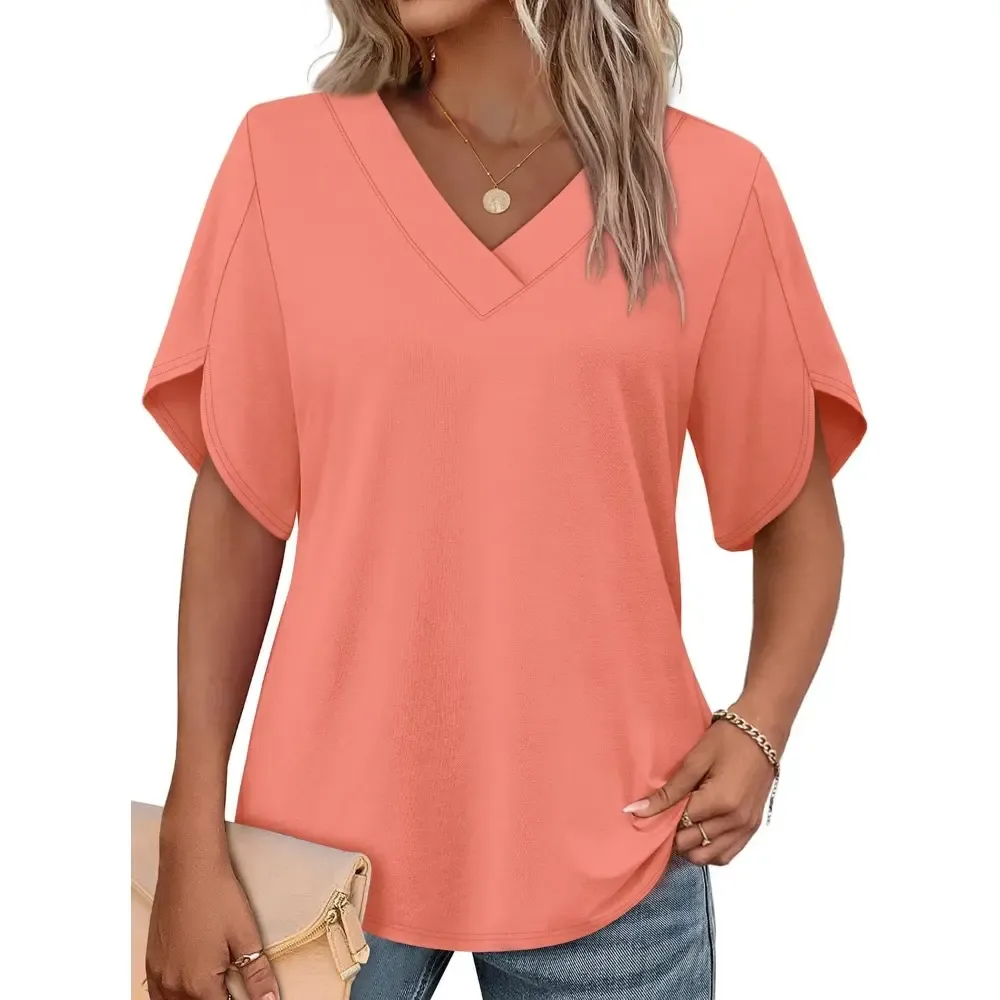 Womens Short Sleeve V Neck Dolman Tops with Side Shirring Loose Fit Shirts