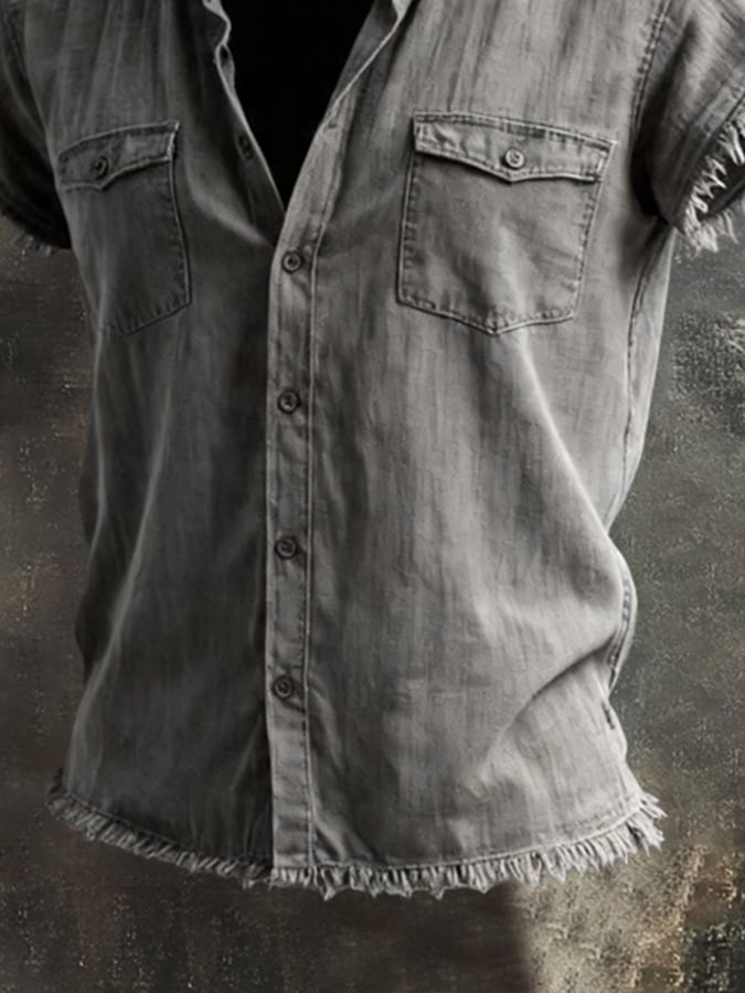 Men'S Retro Cotton-Linen Short-Sleeve Hoodie Shirt With Frayed Edges
