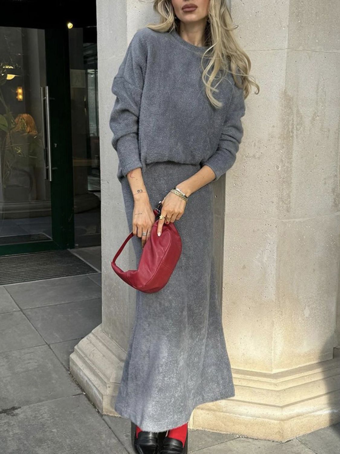 Round Neck Dropped Shoulder Top And Midi Skirt Sweater Set