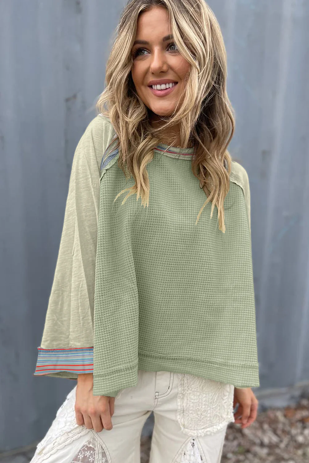 Meadow Mist Waffle Knit Wide Bracelet Sleeve Patchwork Raglan Top