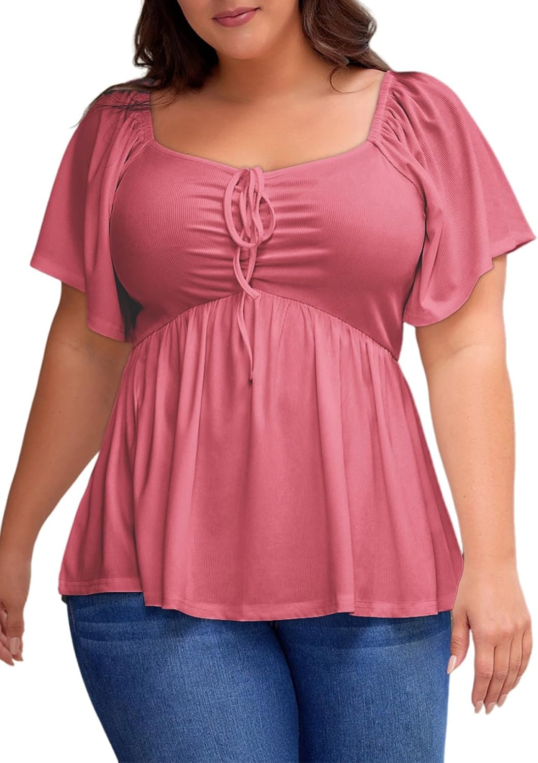 Womens Plus Size Tops Short Sleeve Sweetheart Neck Shirred Peplum Blouse Shirts