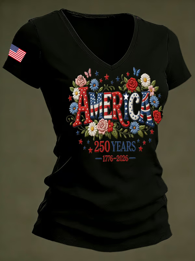 Ladies' Casual US National Day Embroidered Floral Print V-Neck Short Sleeved T-Shirt