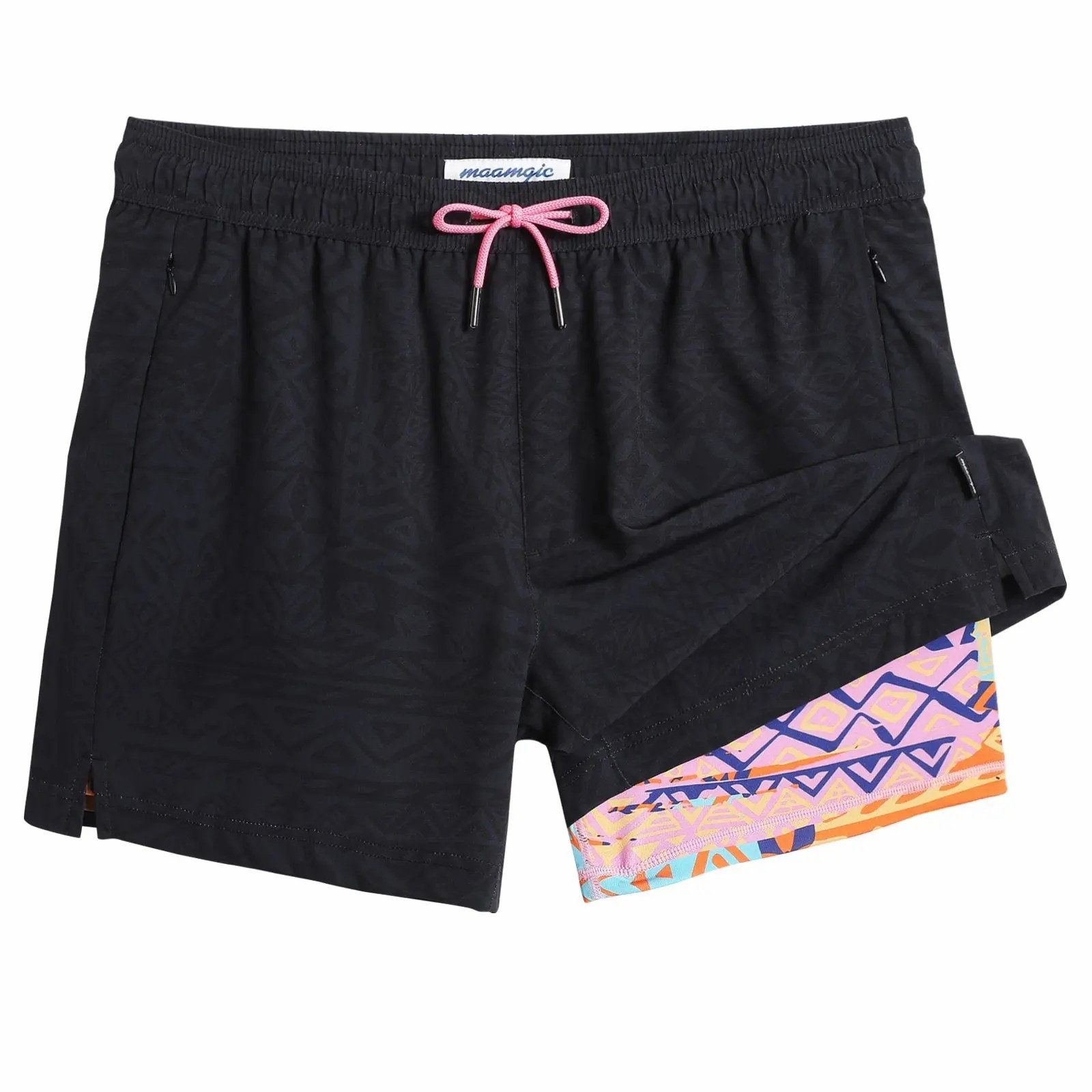 2 in 1 Stretch Short Lined Black Mayan Gym Shorts, Breathable Comfort Workout Athletic Training Shorts with Phone Pockets