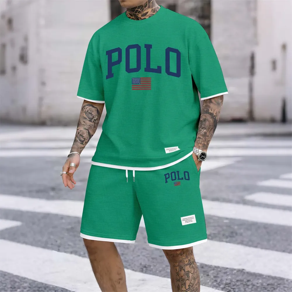 Men's Polo Print Drawstring Shorts Set For Spring/Summer. A Casual Summer Outfit