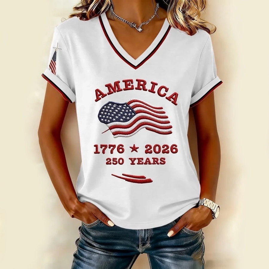 Ladies' Casual 250Th Anniversary Of The Founding Of The United States Printed V-Neck T-Shirt