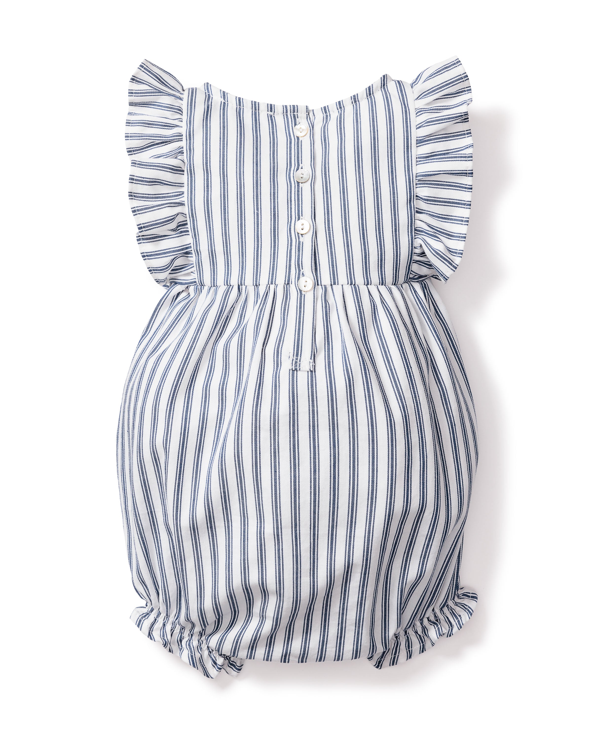 Baby's Twill Ruffled Romper in Navy French Ticking