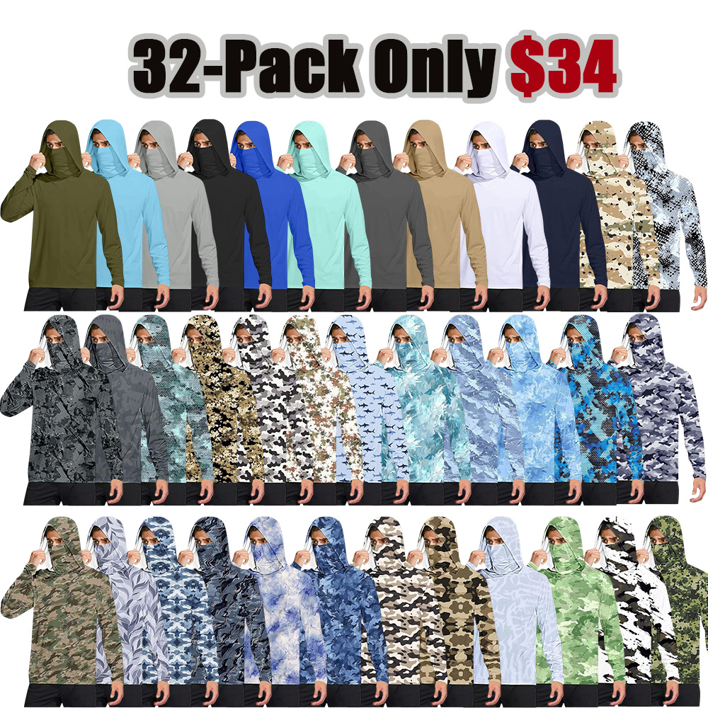 Long Sleeve Sun Shirt Men UPF 50+ Rash Guard Cooling Fishing Hoodies with Mask Casual Summer UV SPF Hiking Blouses