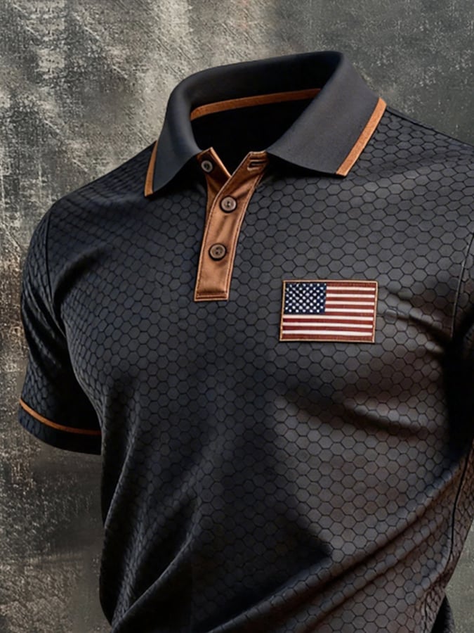 Men's Retro Patriotic Color-Block Short-Sleeve Polo Shirt