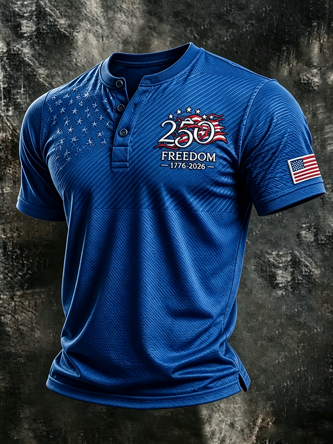 Men'S 250th Anniversary of the United States Print Casual Henry Collar Top