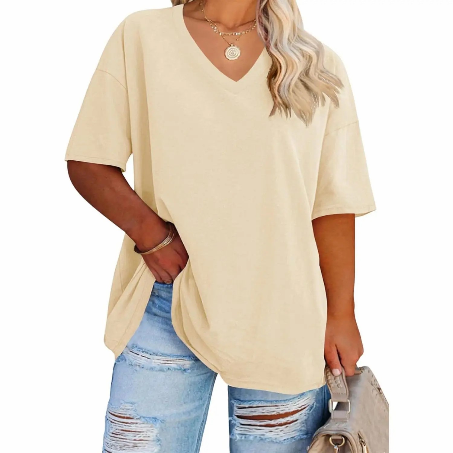 Women's Plus Size V Neck T Shirts Summer Half Sleeve Tees Casual Loose Fit Cotton Tunic Tops