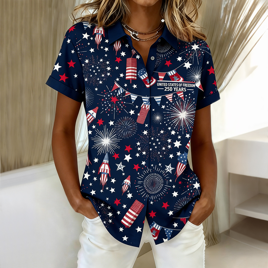 Ladies' Casual Commemorative American Flag Ribbon Lapel Short Sleeved Shirt