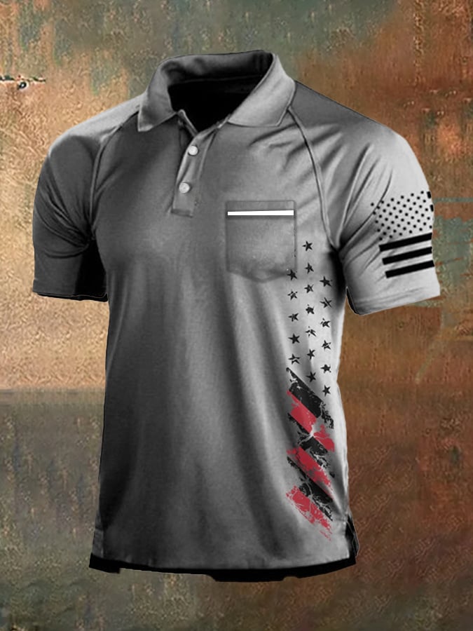 Men's Vintage American Flag Independence Day Pocket Colorblock Polo Shirt