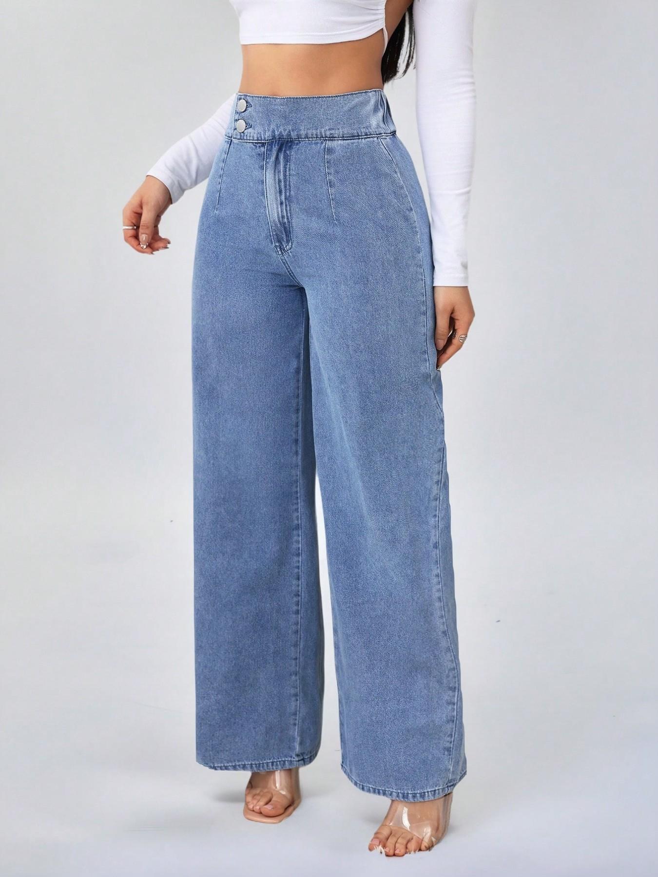 Women's Vintage-Elegant High-Waisted Wide-Leg Light-Wash Jeans