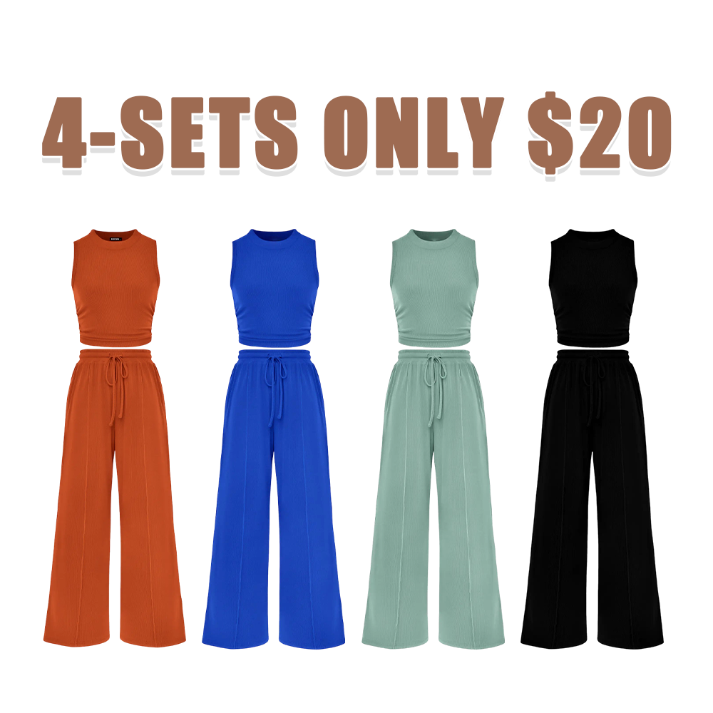 Women's Ribbed Knit Crop Top & Wide Leg Pants Lounge Set