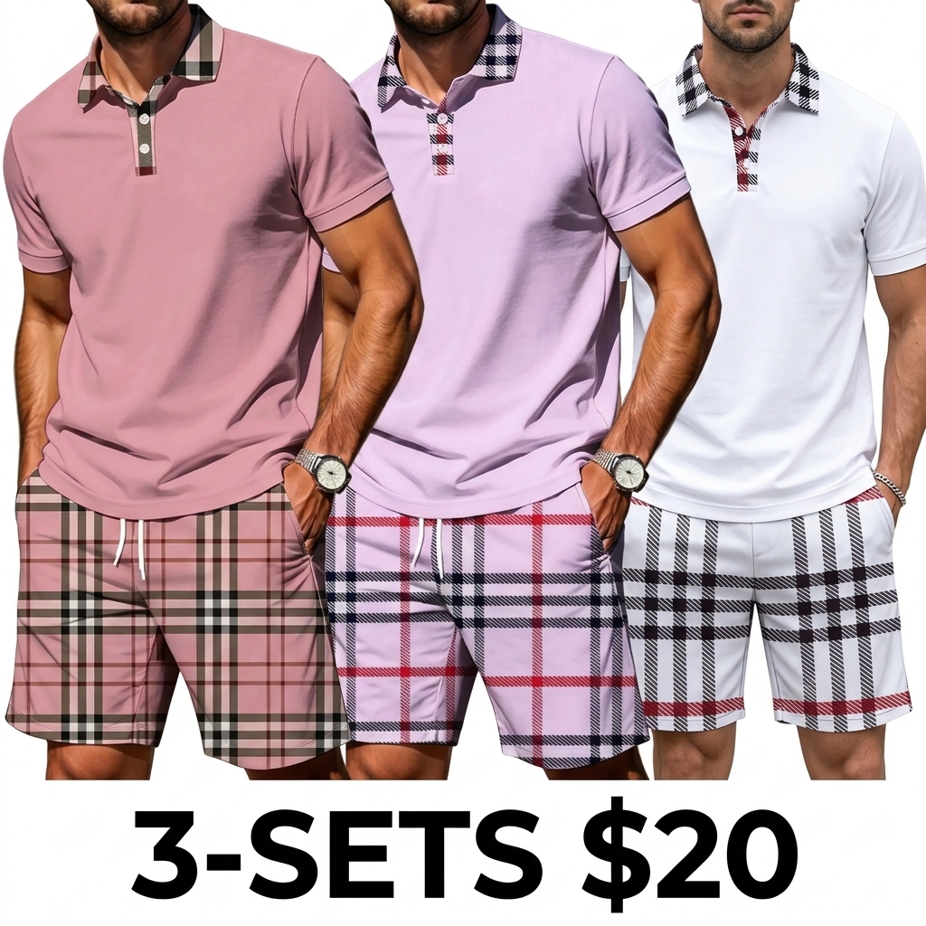 Men's Plaid Patchwork 2-Piece Summer Set – Polo Shirt & Matching Shorts, Casual Drawstring Waist with Pockets