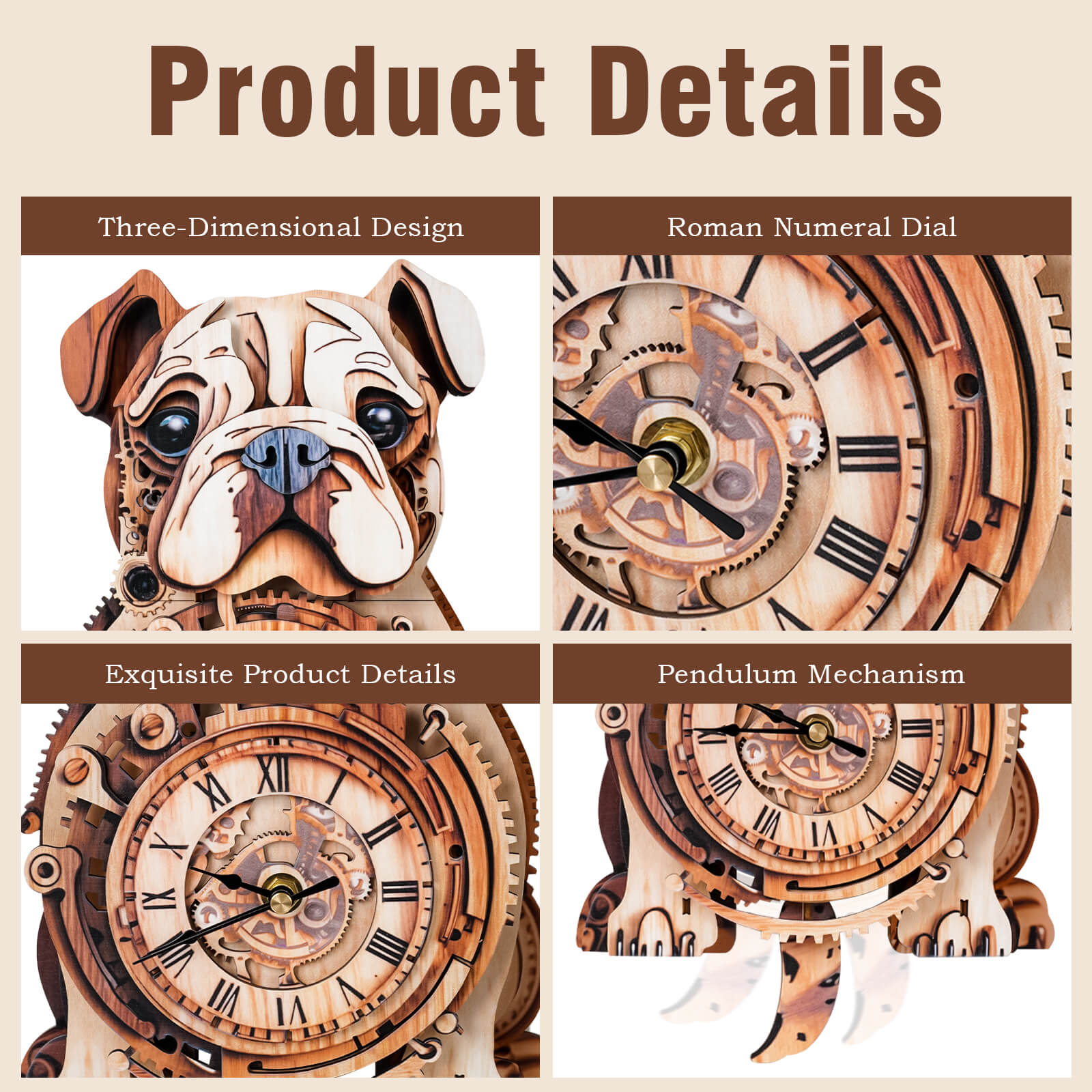 Bulldog DIY Wooden Clock, 3D Puzzle Craft Kit