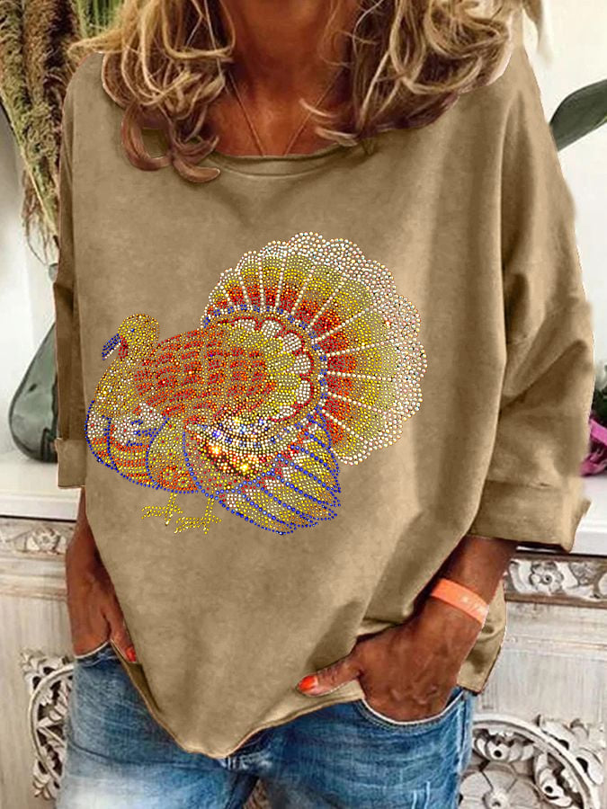 Women's Thanksgiving Gliter Funny Turkey Print T-Shirt