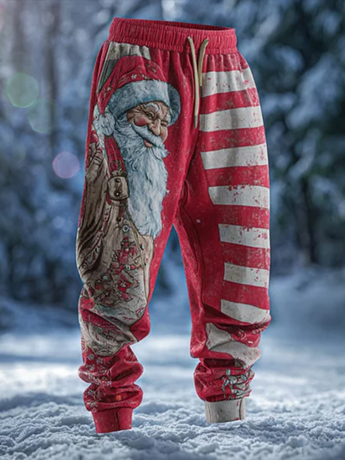 Men's Retro Christmas Santa Claus Stripes Print Loose Drawstring Waist Sweatpants