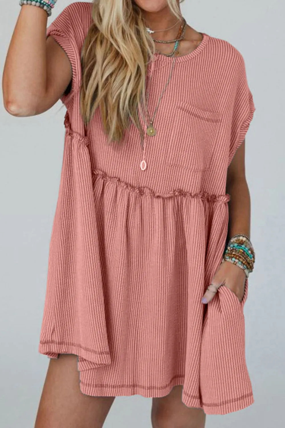 Corded Knit Textured Patched Pocket Frilled Swing Mini Dress With Pockets