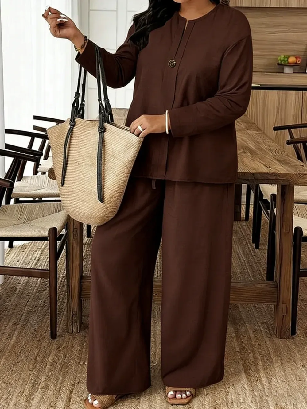 🔥Women's Casual Breathable Long Sleeve Shirt and Loose Pants Two-Piece Set