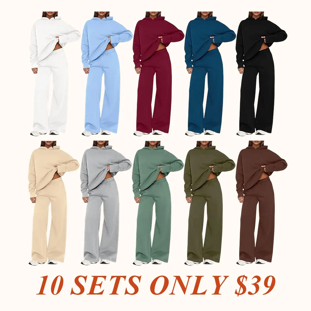 Womens Sweatsuits 2 Piece Set Casual Winter Long Sleeve Hoodie Loose Wide Leg Sweatpants Fall Tracksuit