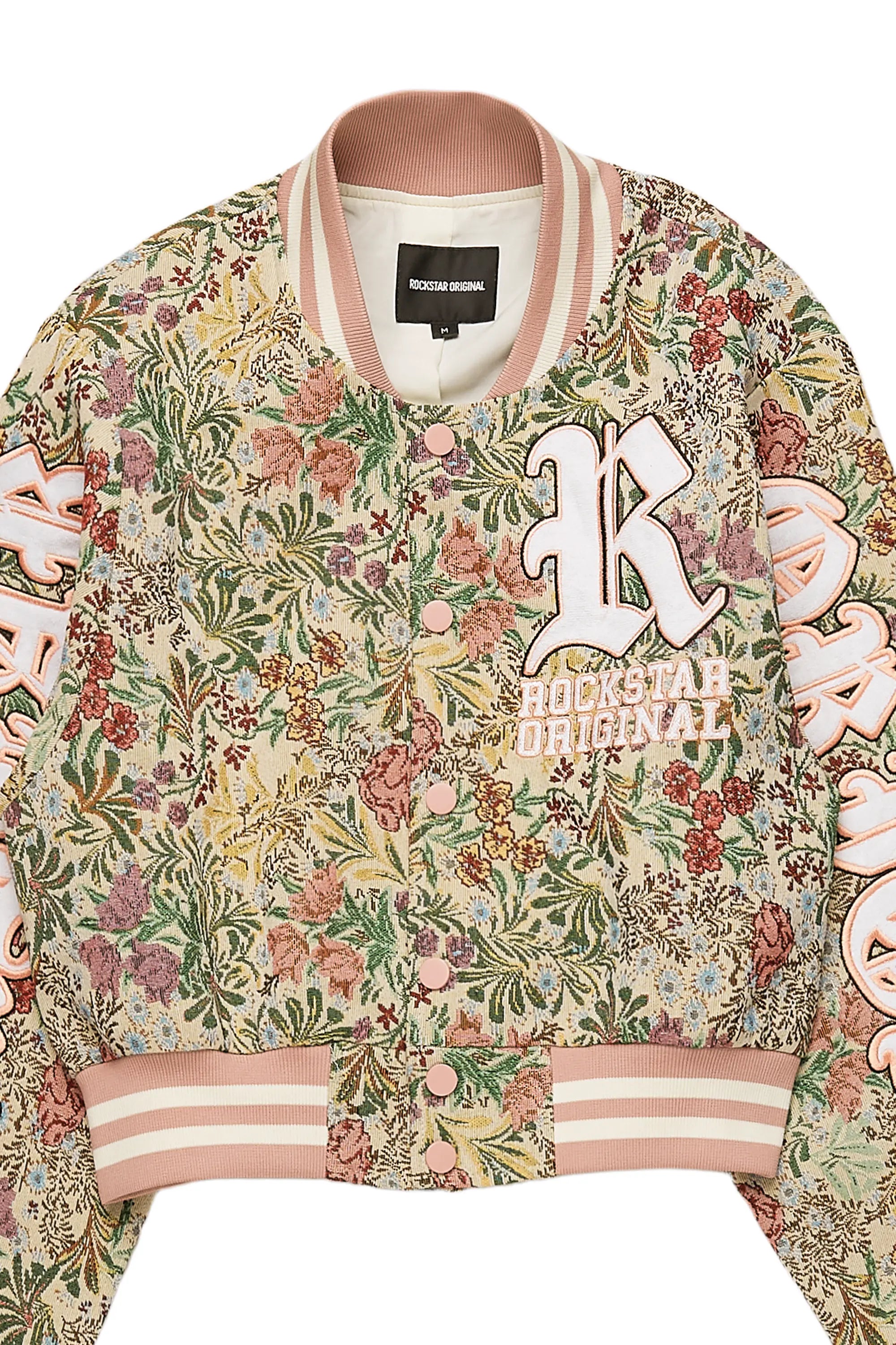 Tamia Beige Crop Tapestry Varsity Jacket