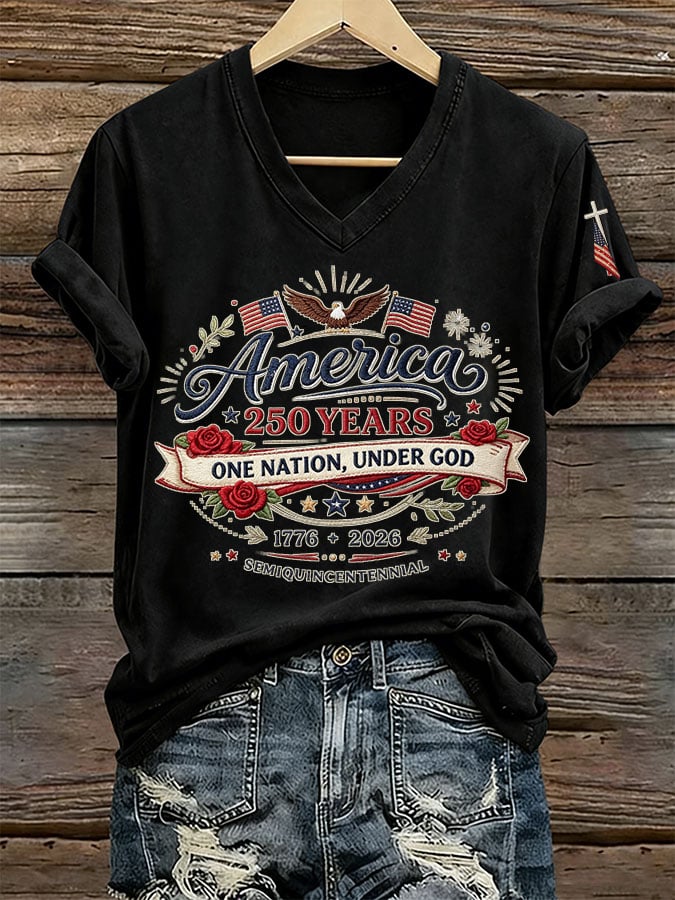 Women's America 250 Years One Nation Under God Print V Neck T-shirt