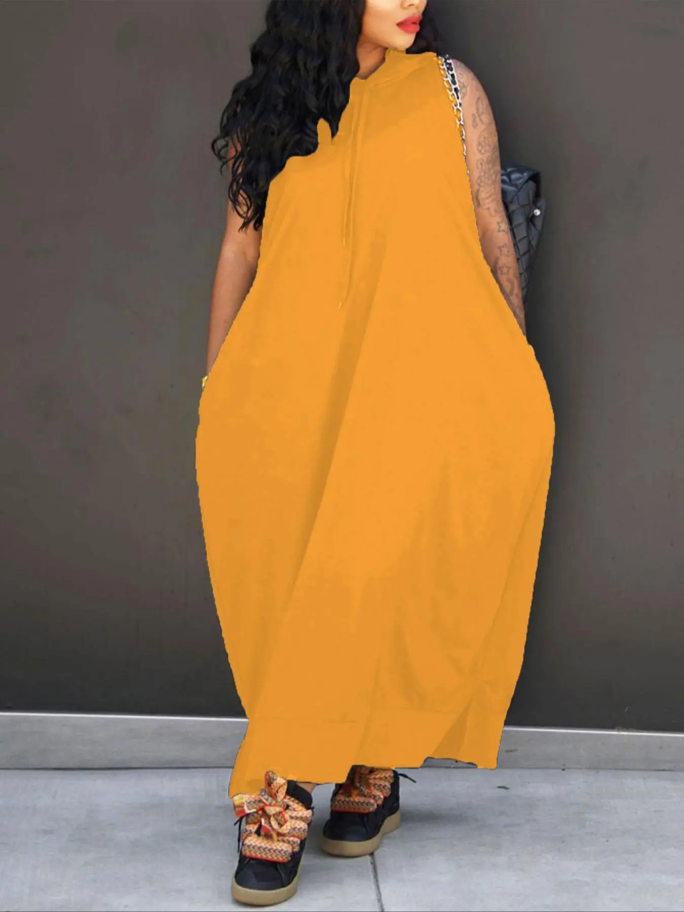 Women's Plain Drawstring Hoodie Tank Dress with Pocket for Summer