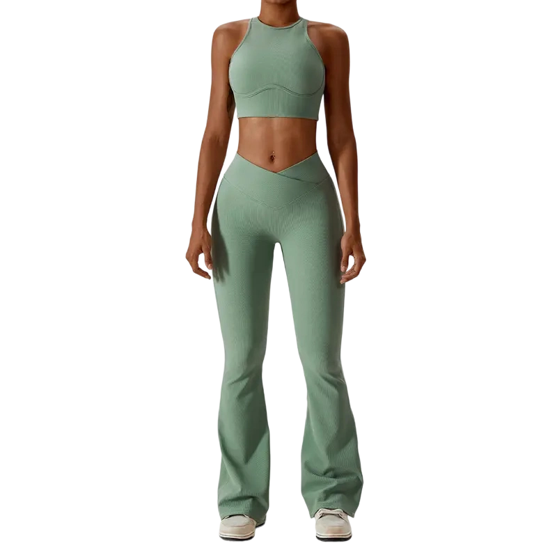 High-waisted seamless sweatpants paired with a padded elastic bra two-piece set