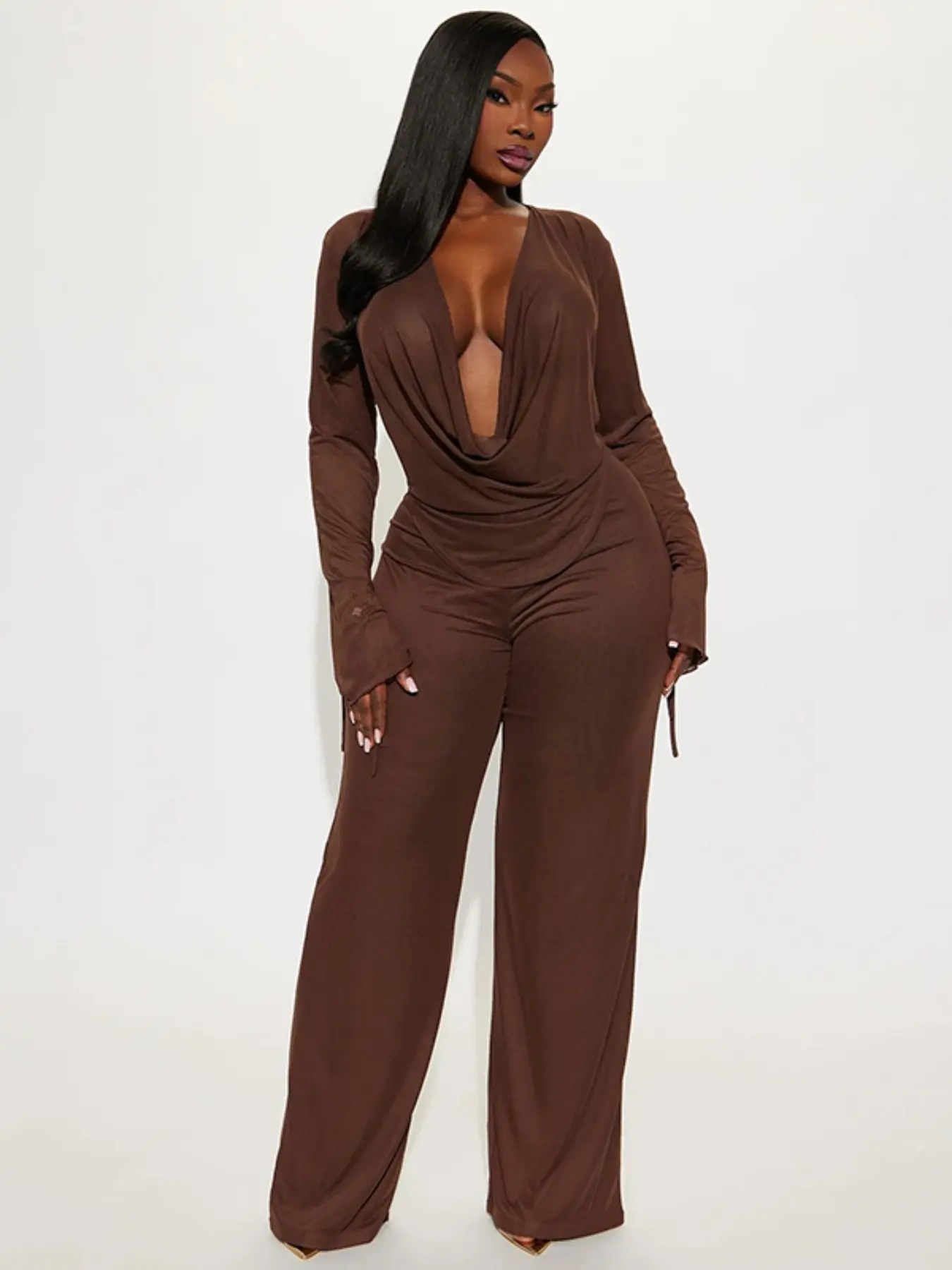 Women's Fashion Casual Two-Piece Set, Deep V Mesh Top & Wide Leg Pants, Trendy Long Sleeve Tie Design, Perfect for Daily Wear