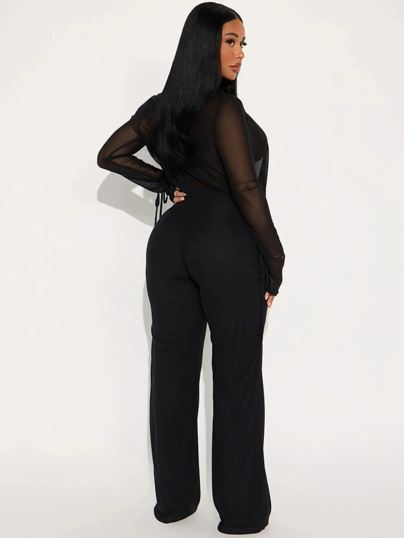 Women's Fashion Casual Two-Piece Set, Deep V Mesh Top & Wide Leg Pants, Trendy Long Sleeve Tie Design, Perfect for Daily Wear