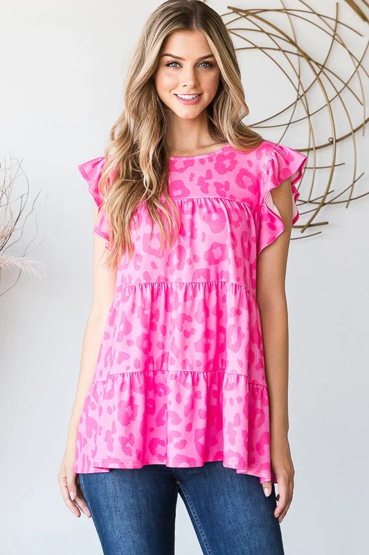 Tiered Leopard Round Neck Blouse with Ruffled Detail
