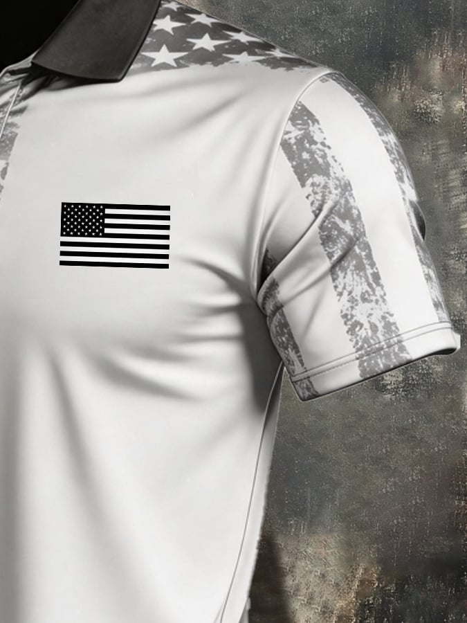 Men's Retro Patriotic Color-Block Short-Sleeve Polo Shirt