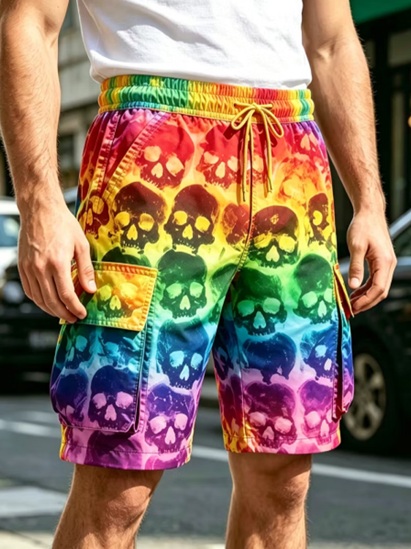 Men's Fun Skeleton Rainbow Gradient Art Print Drawstring Cargo Shorts