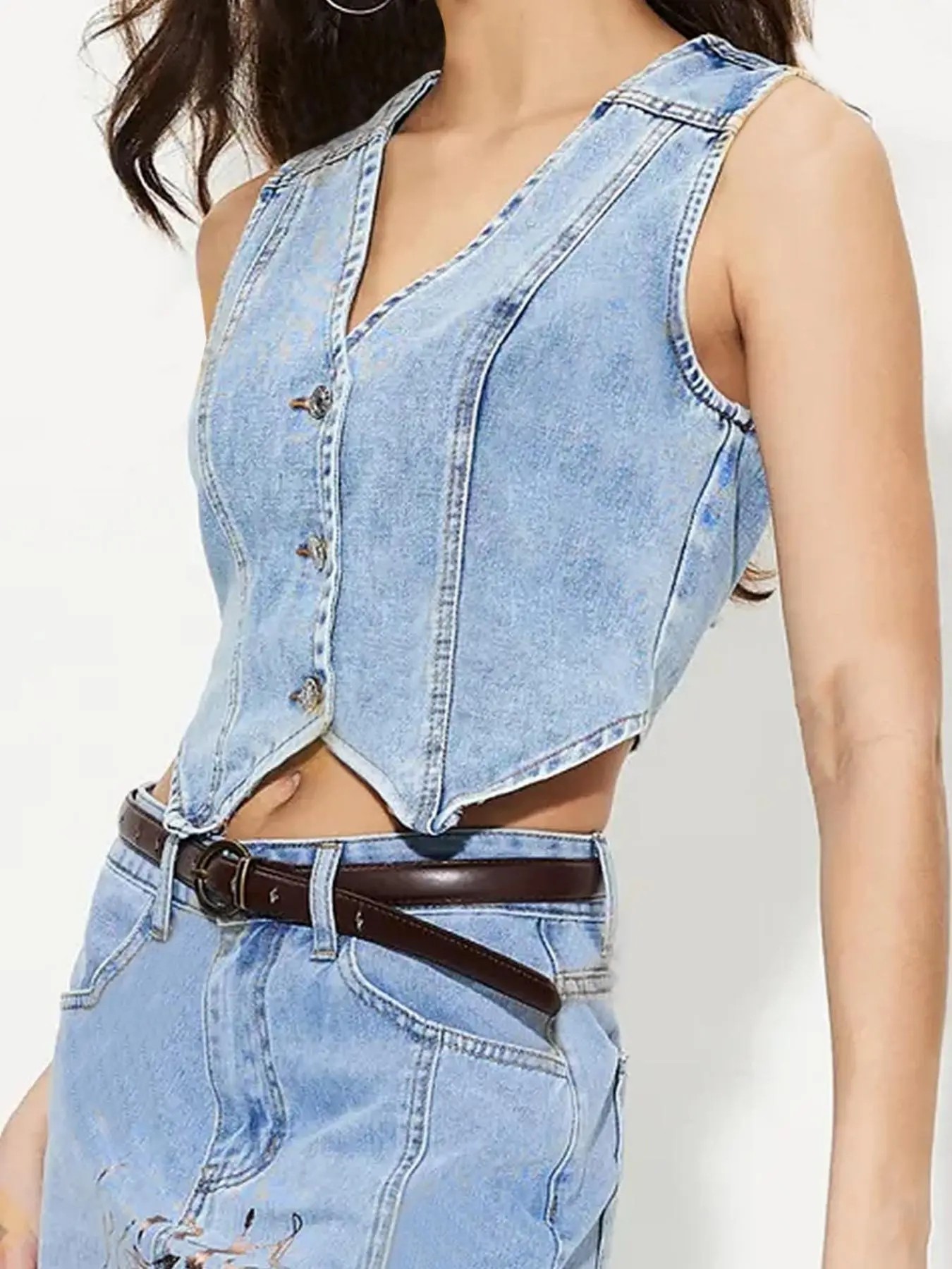 Women's Light Wash Denim Vest – Button Fly V Neck Sleeveless Tank Top
