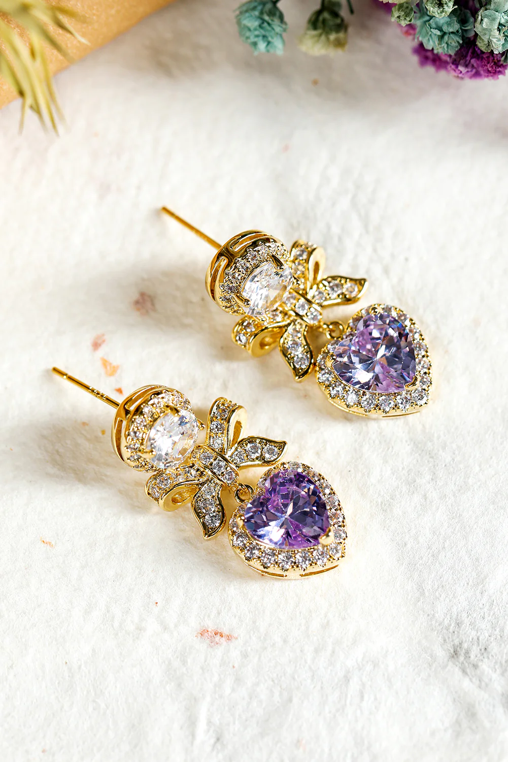 Gold Rhinestone Bow Heart Pendant Earrings