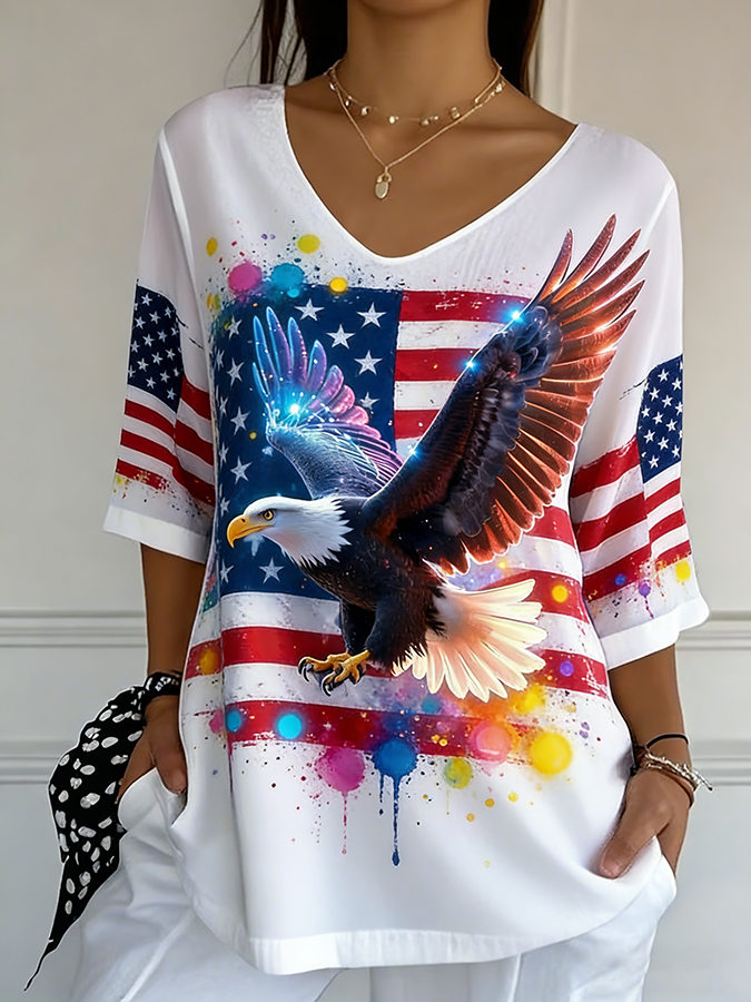 Ladies' Casual American Flag Print V-Neck Half Sleeved T-Shirt