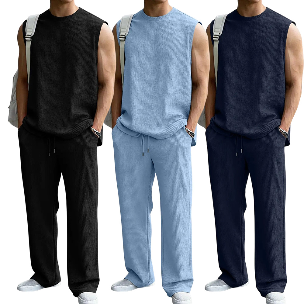 Mens 2 Piece Rib Knit Sweatsuit Summer Sleeveless Tank Top Baggy Wide Leg Pants Set Vacation Beach Outfit for Men