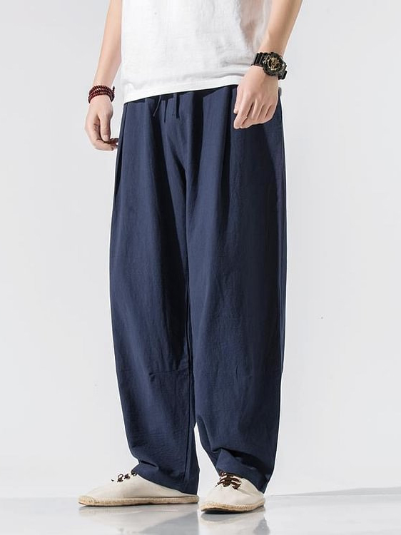 Men's Plain Loose Straight Leg Cotton And Linen Casual Pants