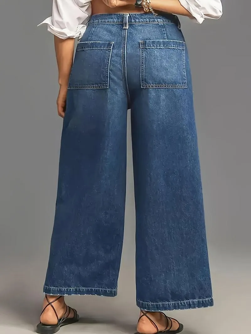 Solid Color Wide Leg Stretchy Jeans, Casual Comfy Denim Stretchy Jeans for Daily Wear, Women's Bottoms for All Seasons