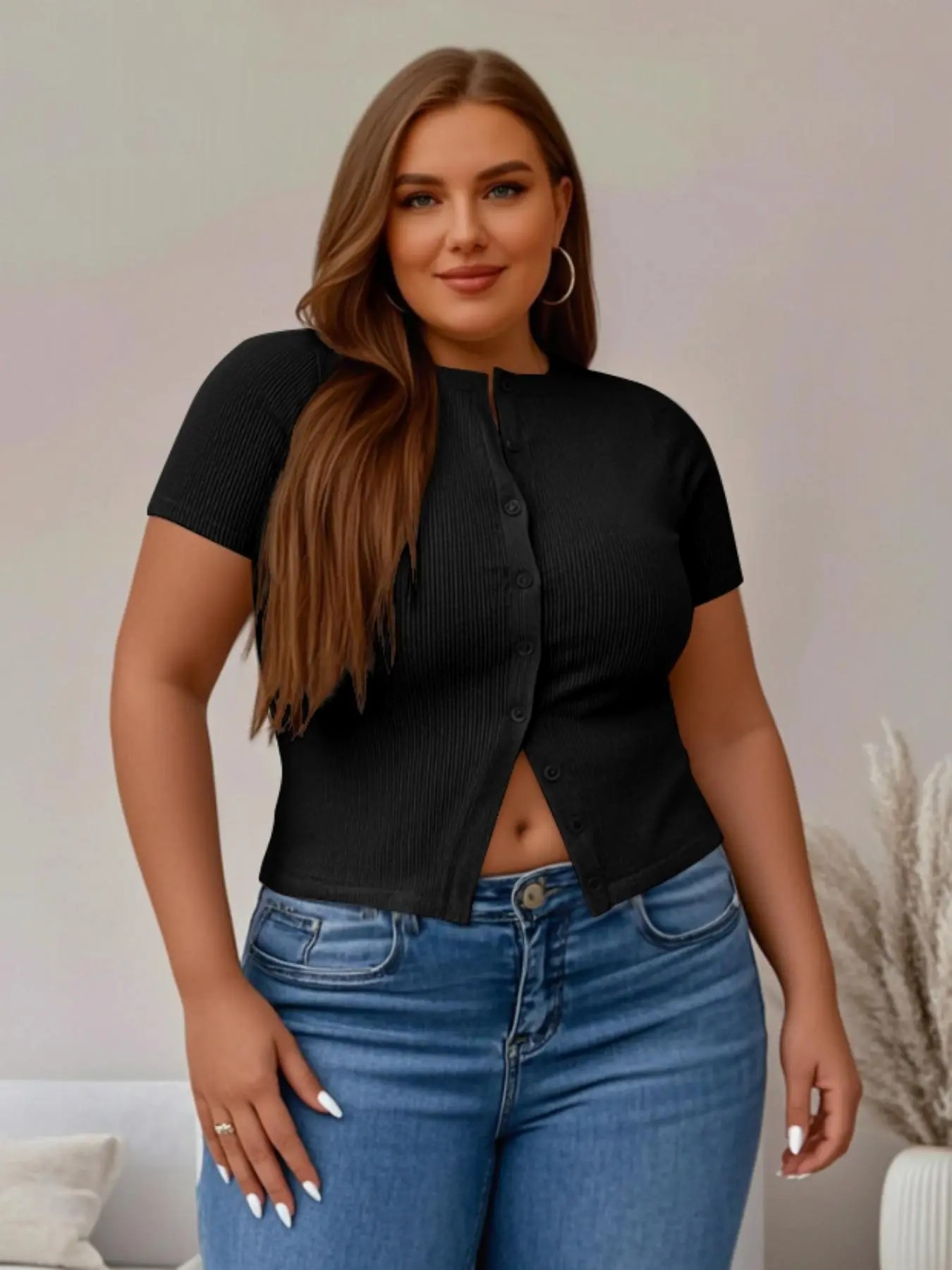 【Plus Size】 Solid Ribbed Short Sleeve Top, Casual Button Front Top for Summer, Women's Plus Clothing for Daily Wear