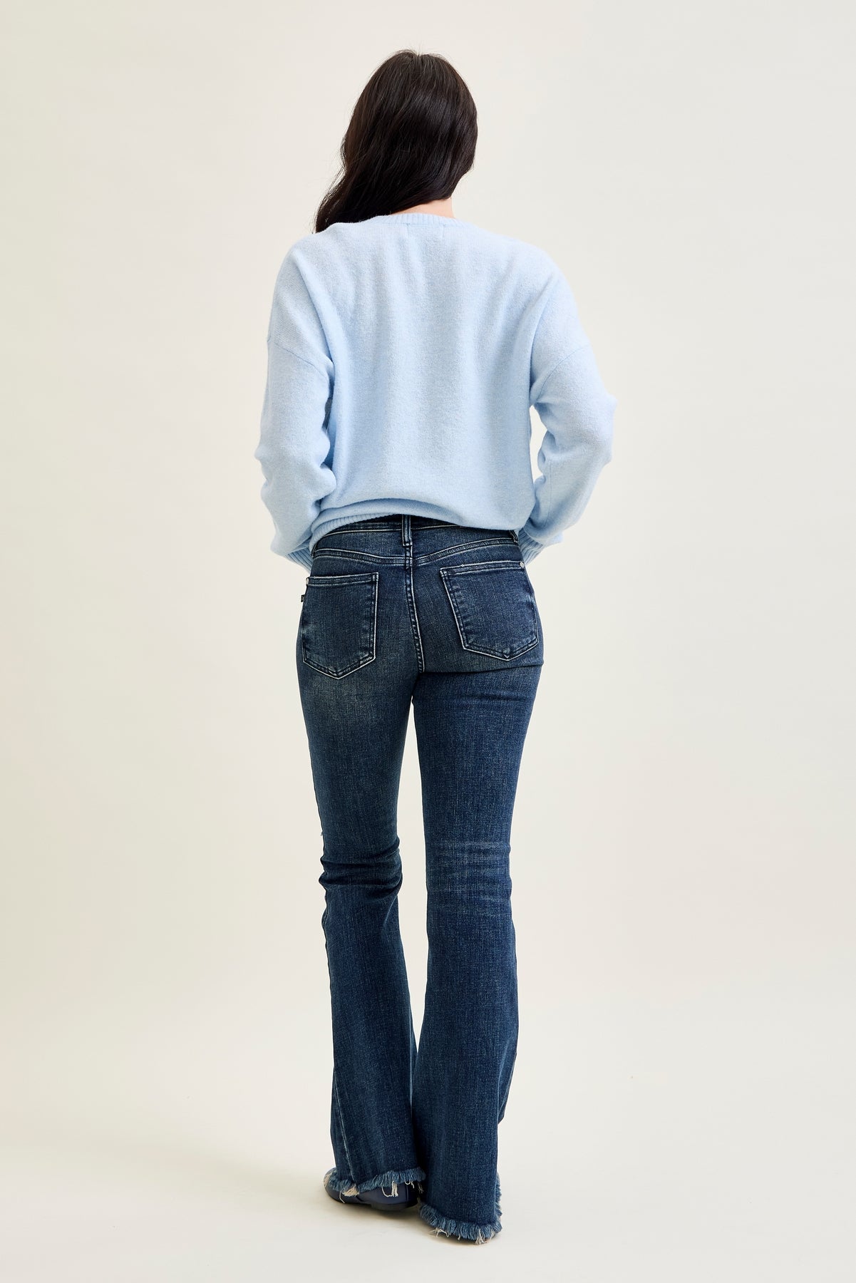 Amanda Mid Rise Flare Jeans with Distressed Knee & Frayed Hem