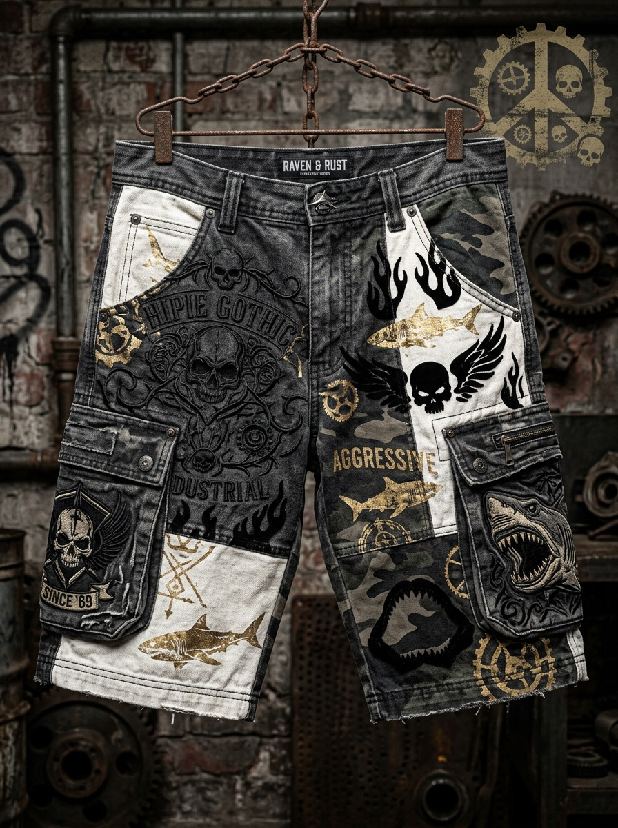 Men's Patchwork Gothic Skull & Shark Punk Art Print Casual Shorts