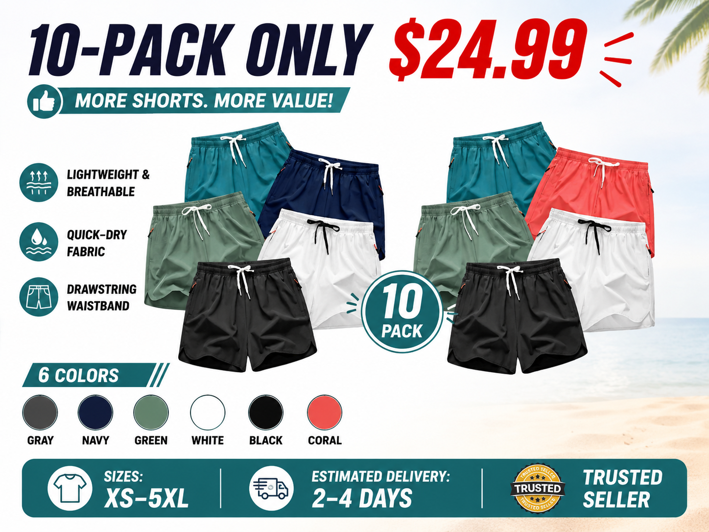 5-Pack – Men's Breathable, Quick-Drying Summer Beach Shorts