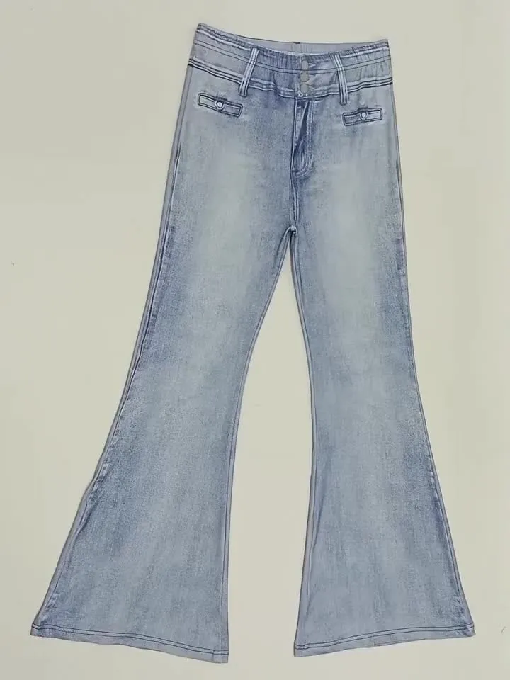 Women's Denim Print Flare Pants, Fashionable Long Jeans for Women, Casual High Waist Wide Leg Trousers