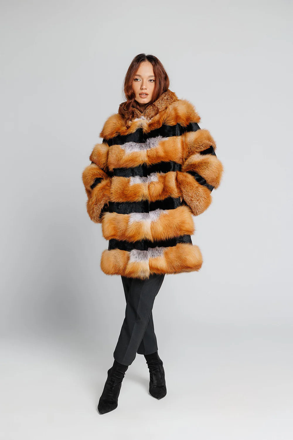 Haină din Blană Naturală de Vulpe Canadiană, cu Glugă, Femei, Brown Frost 354