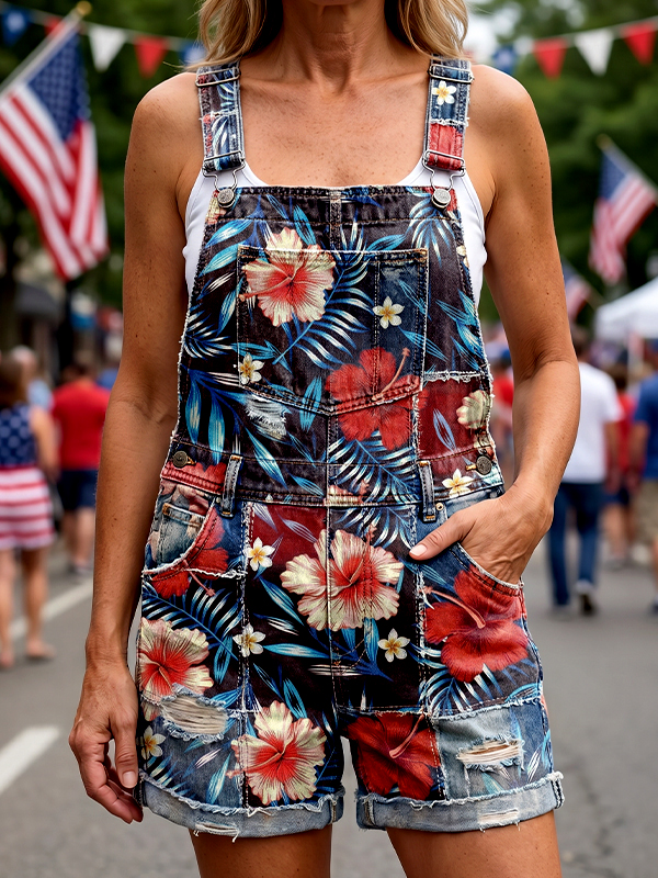 Women's Independence Day American Flag Color Matching Floral Patchwork Print Casual Shorts Overalls