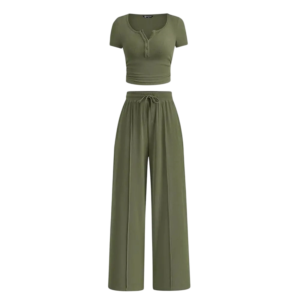 Women's Ribbed Crop Top & Wide Leg Pants Lounge Set